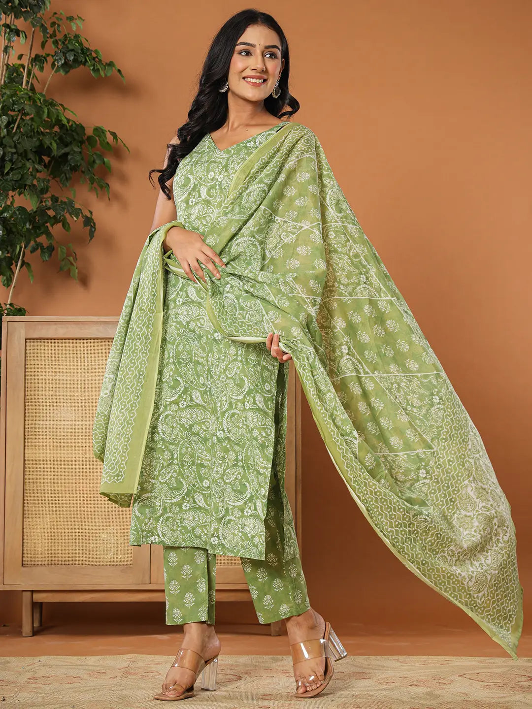 Yufta Green Cotton Strappy Kurta Dupatta Set - Distacart
