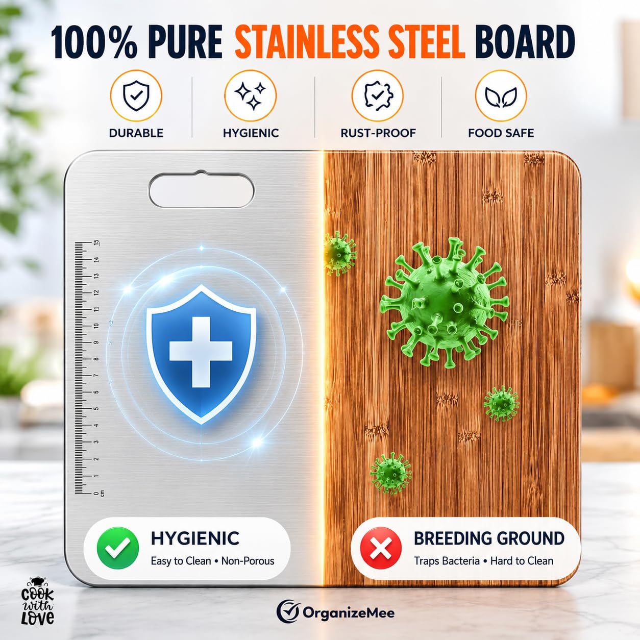 OrganizeMee Stainless Steel Chopping Board (Medium)(31.8CM X 21CM) - Dista