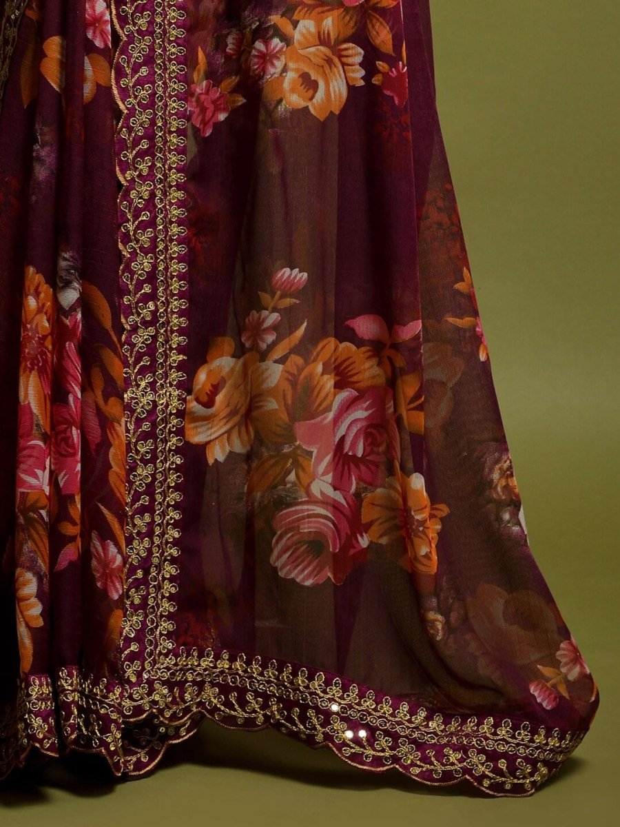 Anouk Magenta & Orange Floral Printed Sequined Pure Georgette Saree - Distacart