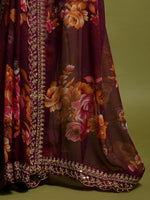 Thumbnail for Anouk Magenta & Orange Floral Printed Sequined Pure Georgette Saree - Distacart