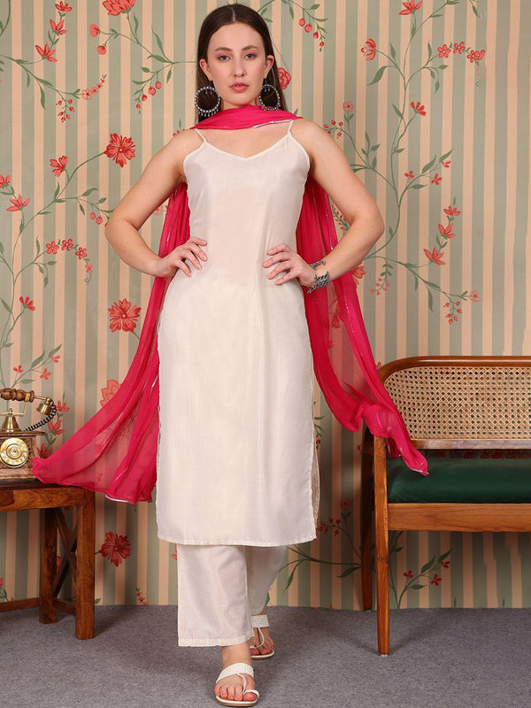 Ode by House of Pataudi Striped V-Neck Pure Cotton Kurta with Trousers & Dupatta - Distacart