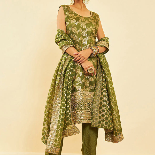 Soch Women Ethnic Motifs Woven Design Straight Sequinned Kurta with Trousers & Dupatta - Distacart