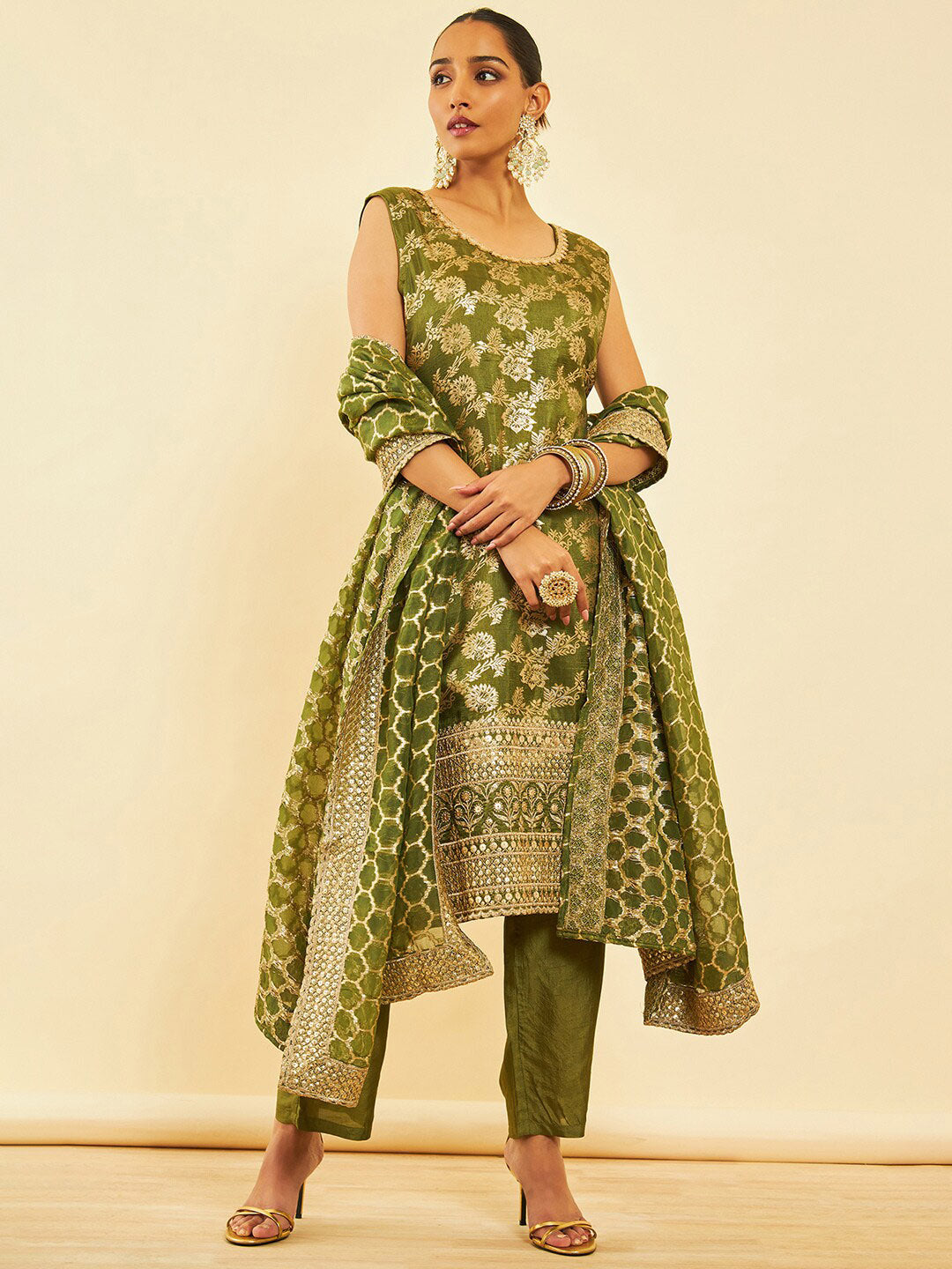 Soch Women Ethnic Motifs Woven Design Straight Sequinned Kurta with Trousers & Dupatta - Distacart