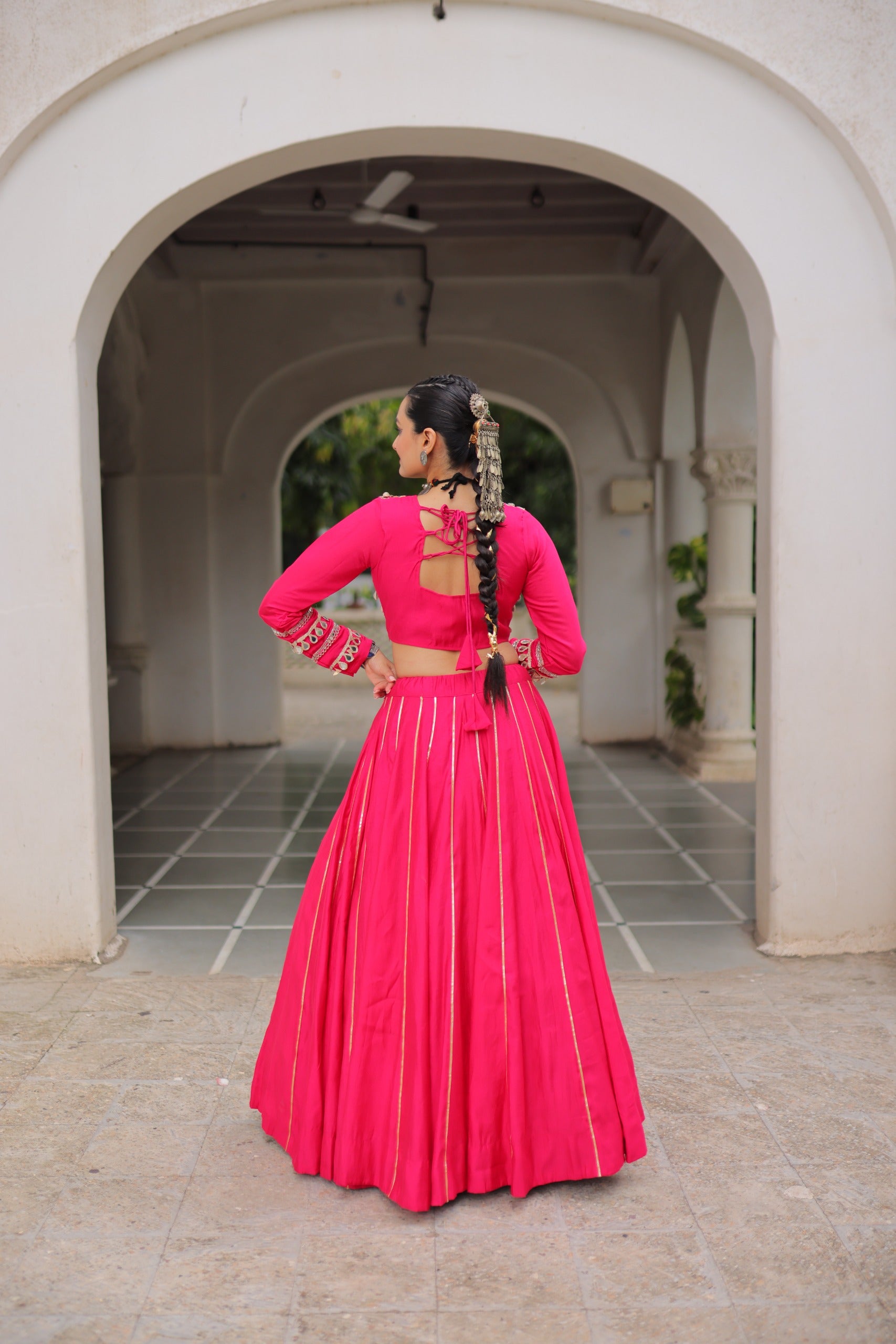 Lorenvalley Fashion Pink Roman Silk with Attractive Gota-Patti Lace Lehenga Choli