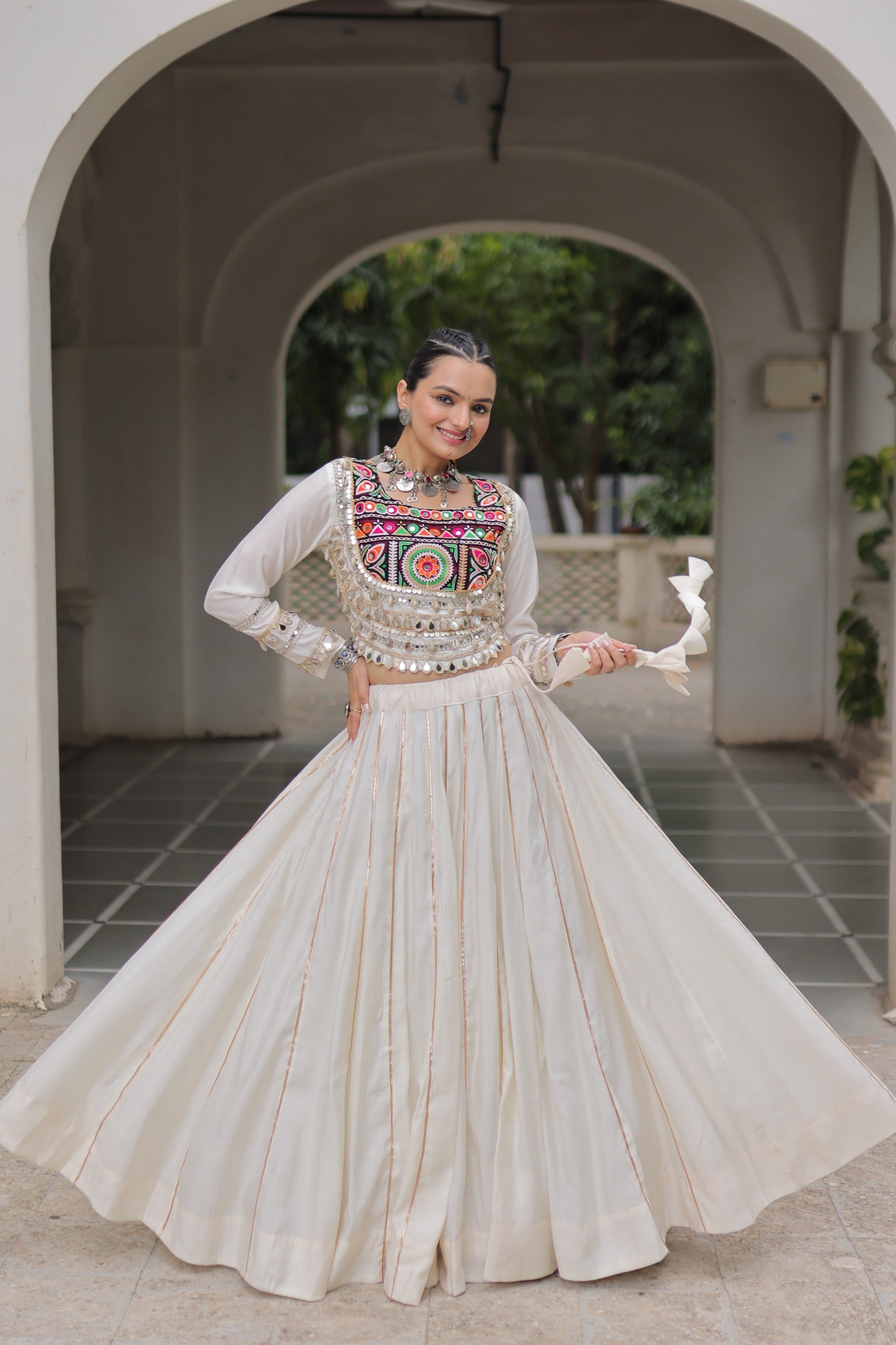 Lorenvalley Fashion White Roman Silk with Attractive Gota-Patti Lace Lehenga Choli