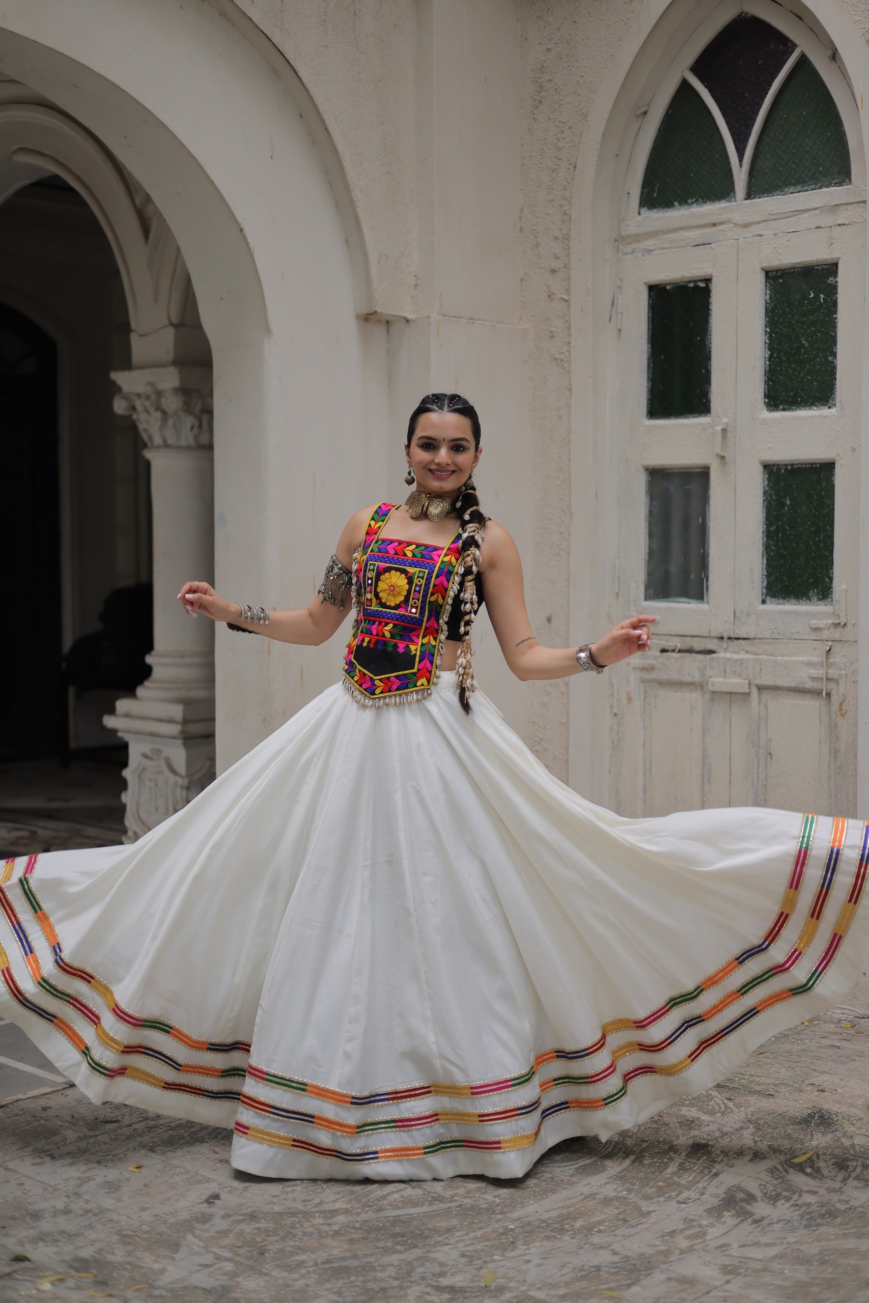 Lorenvalley Fashion White Roman Silk with Attractive Gota-Patti Lace Lehenga Choli
