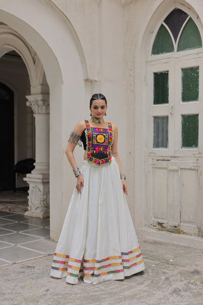 Lorenvalley Fashion White Roman Silk with Attractive Gota-Patti Lace Lehenga Choli