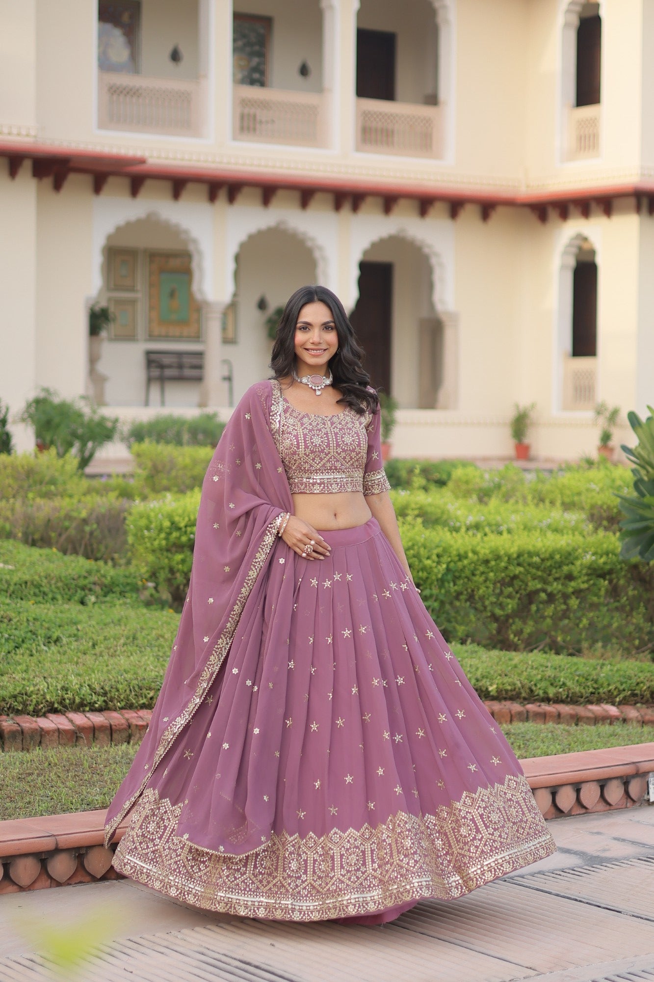 Lorenvalley Fashion Onion Pink Faux Georgette With Sequins & Zari Multi Embroidered work Lehenga Choli with Dupatta - Distacart