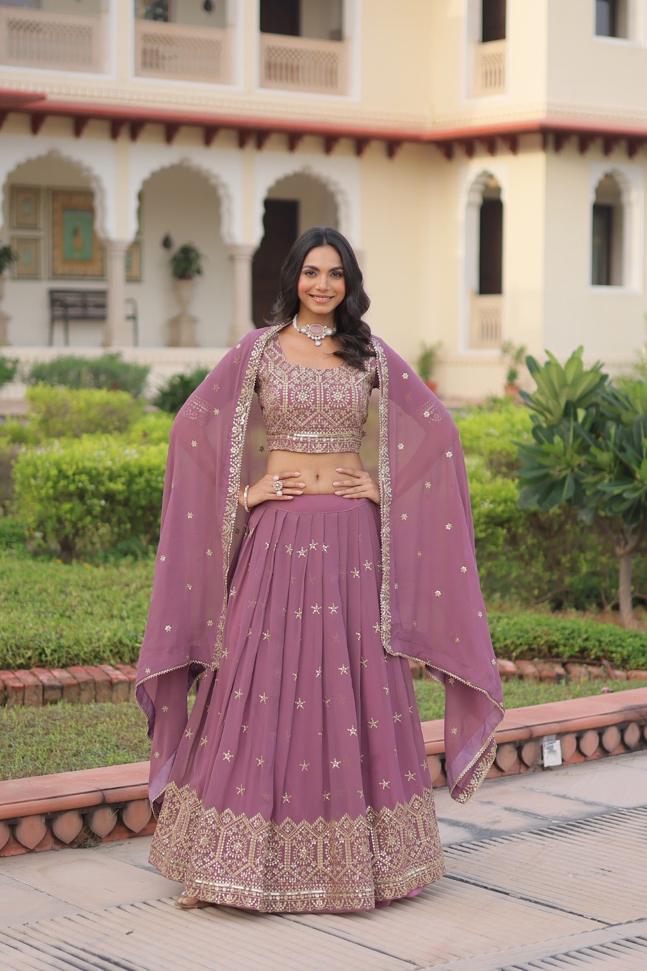 Lorenvalley Fashion Onion Pink Faux Georgette With Sequins & Zari Multi Embroidered work Lehenga Choli with Dupatta - Distacart