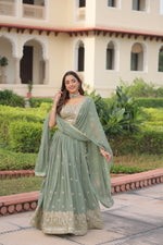 Thumbnail for Lorenvalley Fashion Pista Faux Georgette With Sequins & Zari Multi Embroidered work Lehenga Choli with Dupatta - Distacart