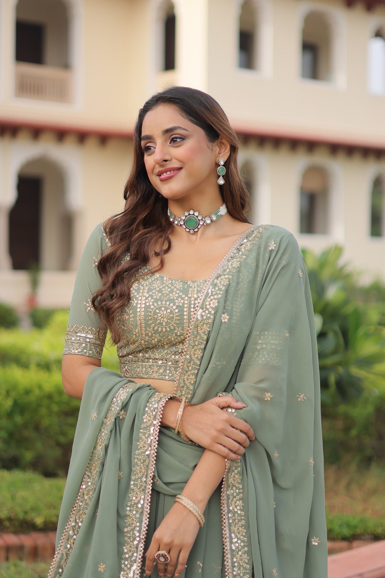 Lorenvalley Fashion Pista Faux Georgette With Sequins & Zari Multi Embroidered work Lehenga Choli with Dupatta - Distacart