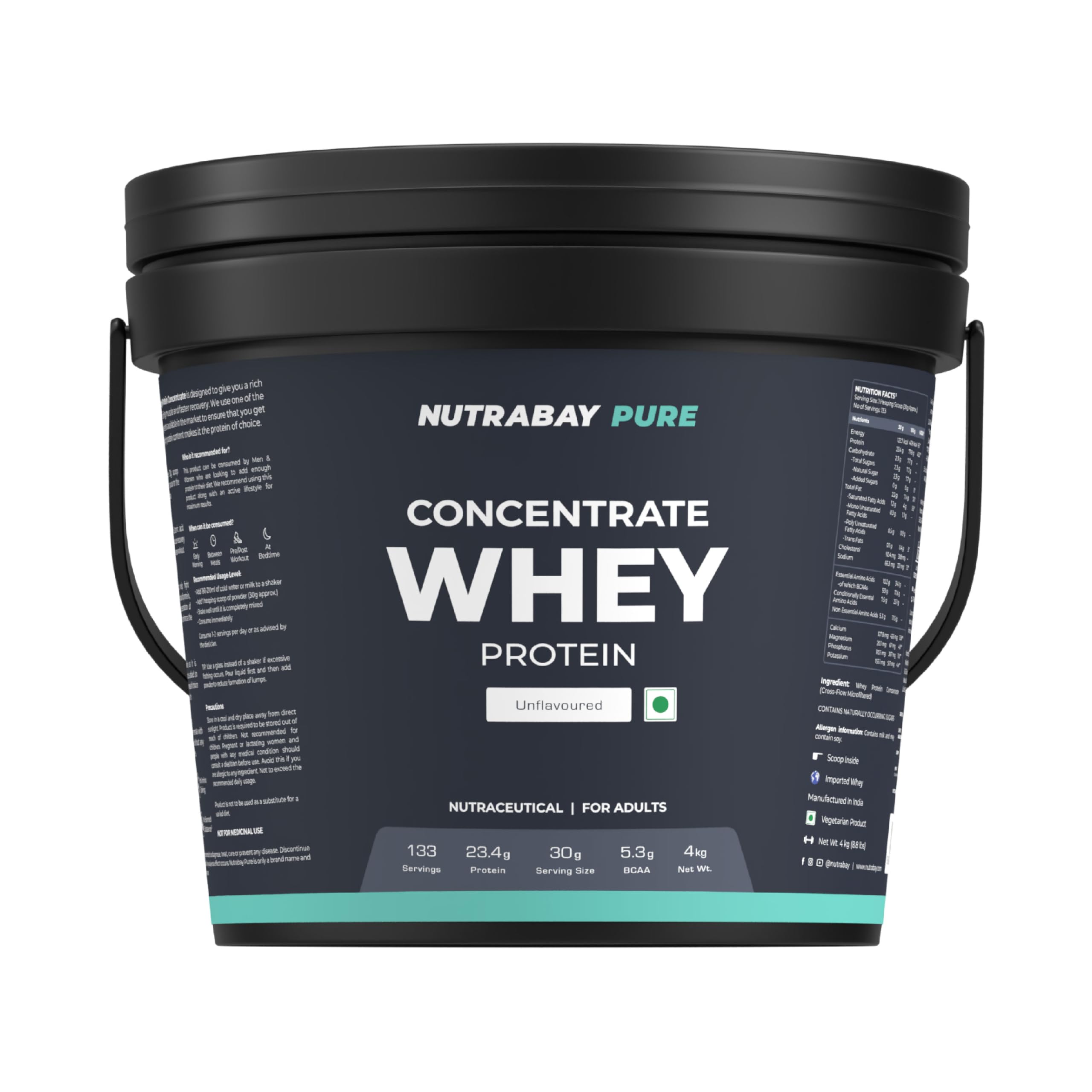 Nutrabay Pure 100% Authentic Whey Protein Concentrate Powder 23.4g Protein, 5.3g BCAA per Serving, Trustified Certified – Muscle Growth & Recovery – , Unflavoured