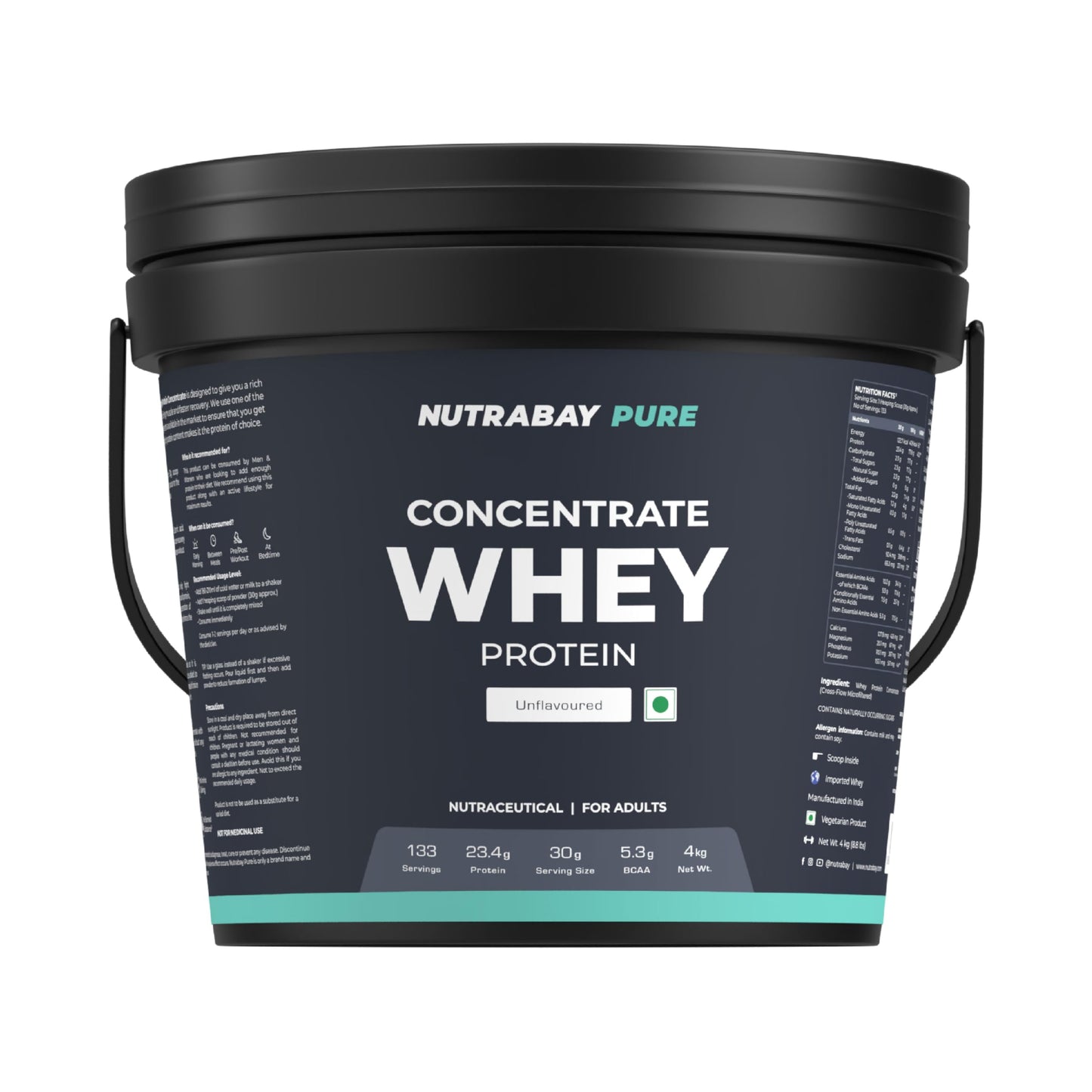Nutrabay Pure 100% Authentic Whey Protein Concentrate Powder 23.4g Protein, 5.3g BCAA per Serving, Trustified Certified – Muscle Growth & Recovery – , Unflavoured