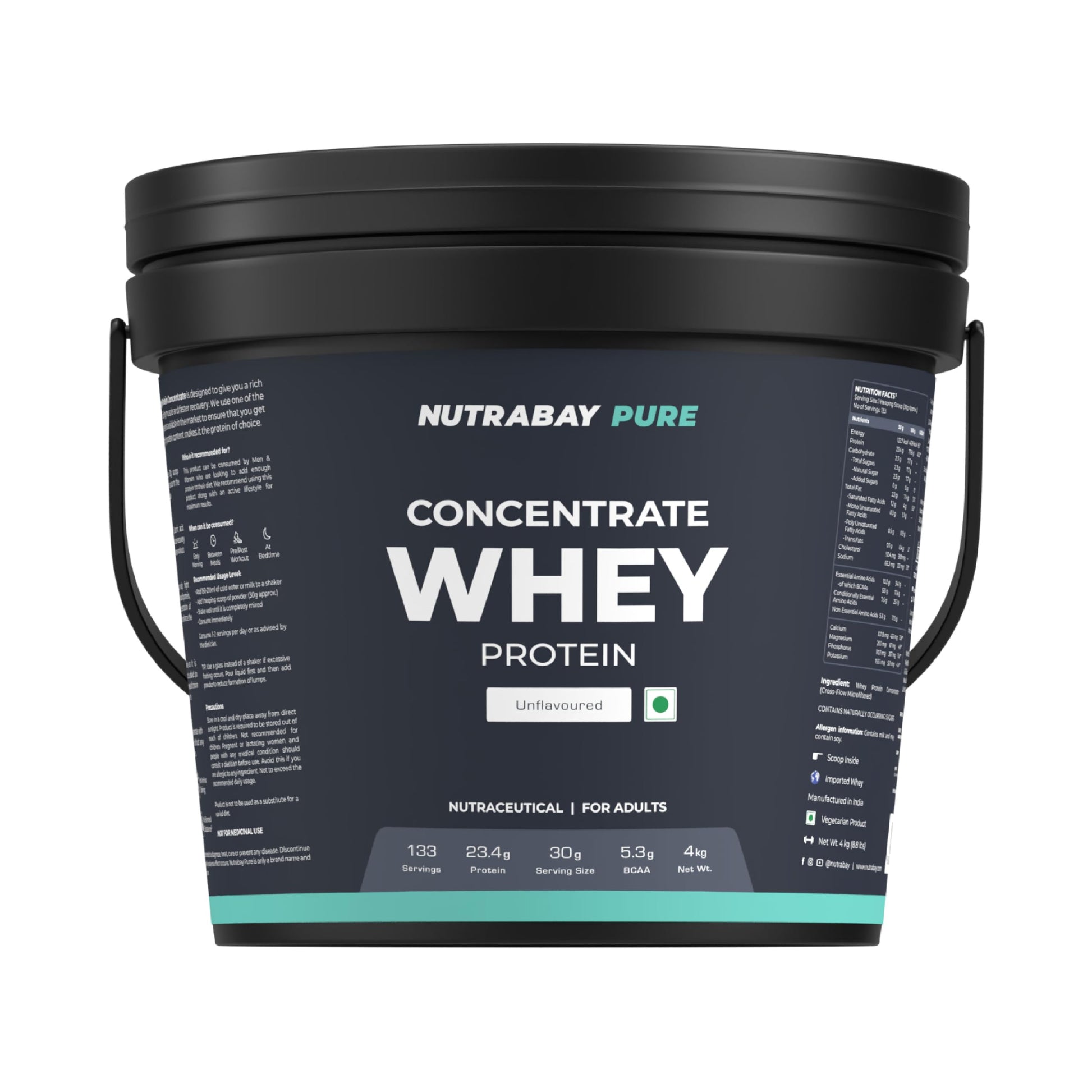 Nutrabay Pure 100% Authentic Whey Protein Concentrate Powder 23.4g Protein, 5.3g BCAA per Serving, Trustified Certified – Muscle Growth & Recovery – , Unflavoured