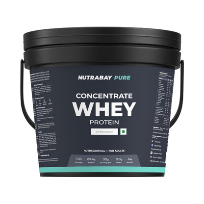 Nutrabay Pure 100% Authentic Whey Protein Concentrate Powder 23.4g Protein, 5.3g BCAA per Serving, Trustified Certified – Muscle Growth & Recovery – , Unflavoured