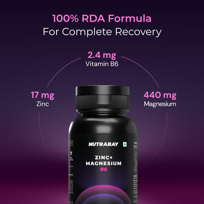 Nutrabay Pro Zinc Magnesium (ZMA) with 100% RDA Zinc, Magnesium Aspartate & Vitamin B6 – Muscle Strength, Recovery, Better Sleep & Anxiety Relief – 60 Veg Tablets | Tested for Purity