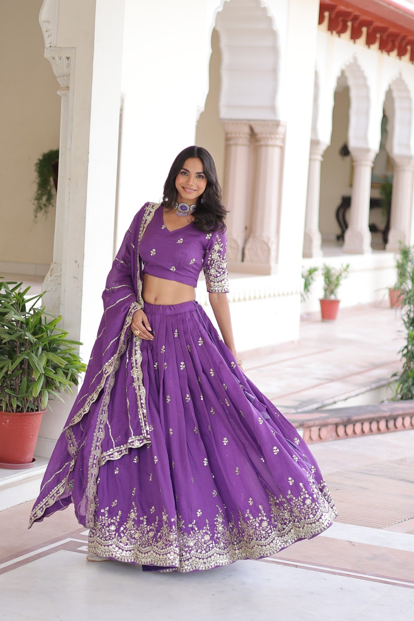 Lorenvalley Fashion Purple Vichitra Silk With Sequins & Zari Multi Embroidered work Lehenga Choli with Dupatta - Distacart