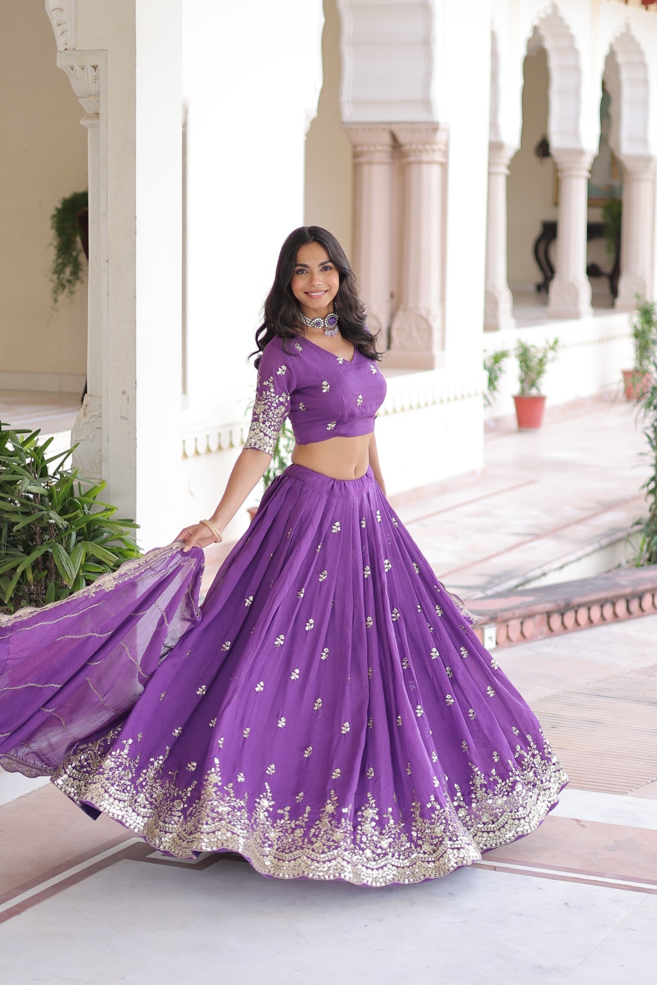 Lorenvalley Fashion Purple Vichitra Silk With Sequins & Zari Multi Embroidered work Lehenga Choli with Dupatta - Distacart