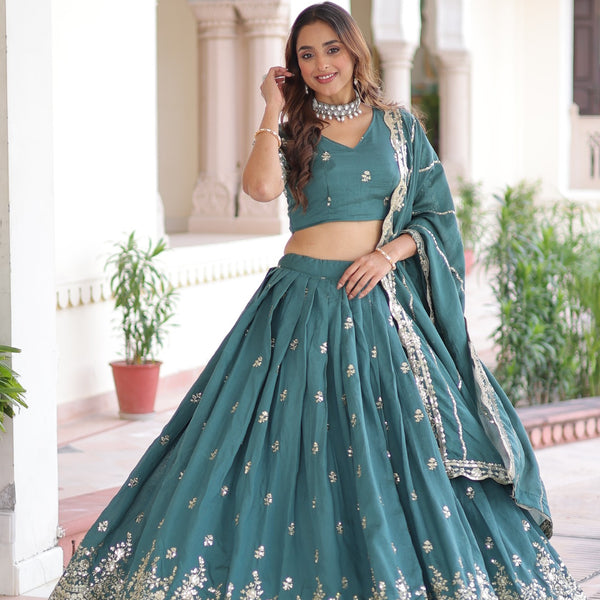 Lorenvalley Fashion Rama Vichitra Silk With Sequins & Zari Multi Embroidered work Lehenga Choli with Dupatta