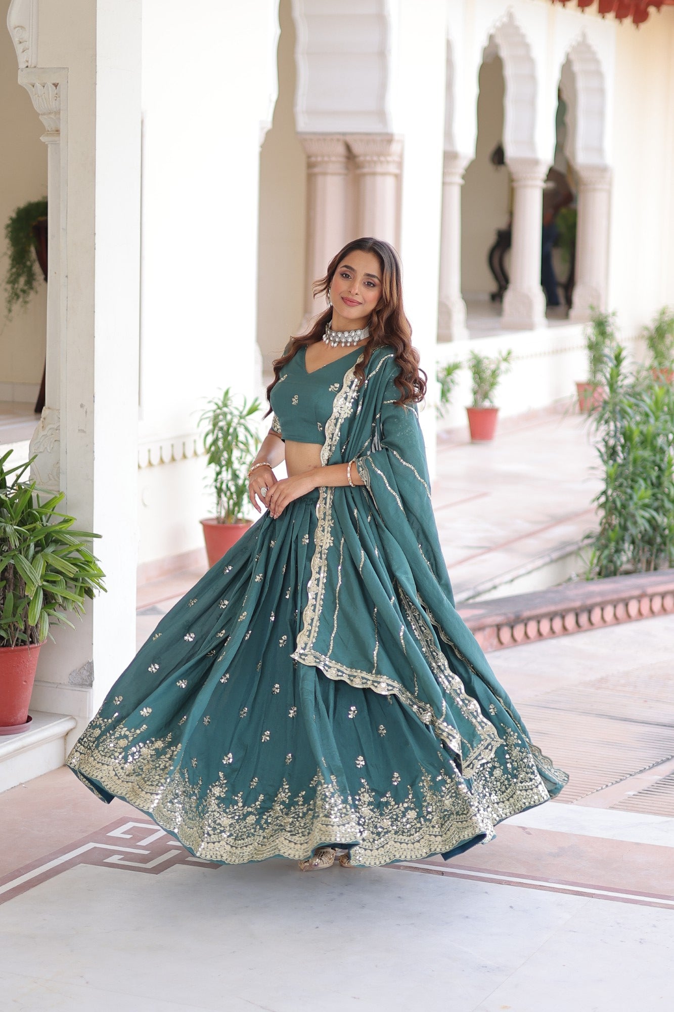 Lorenvalley Fashion Rama Vichitra Silk With Sequins & Zari Multi Embroidered work Lehenga Choli with Dupatta - Distacart