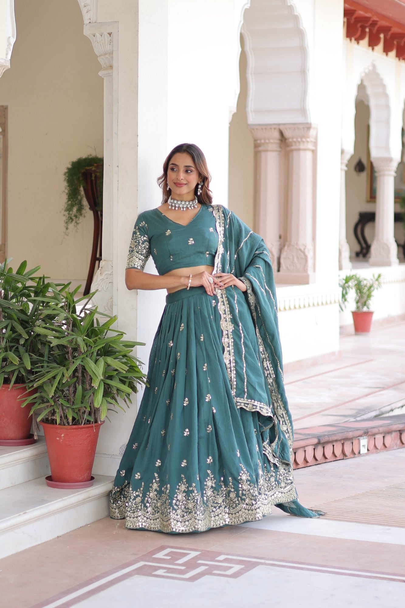 Lorenvalley Fashion Rama Vichitra Silk With Sequins & Zari Multi Embroidered work Lehenga Choli with Dupatta