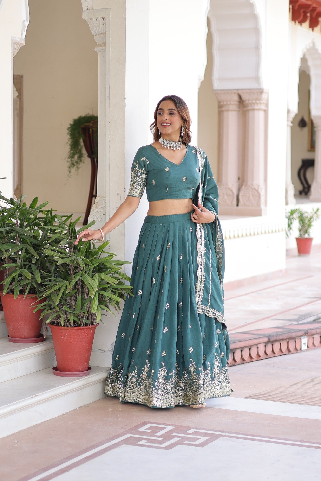 Lorenvalley Fashion Rama Vichitra Silk With Sequins & Zari Multi Embroidered work Lehenga Choli with Dupatta