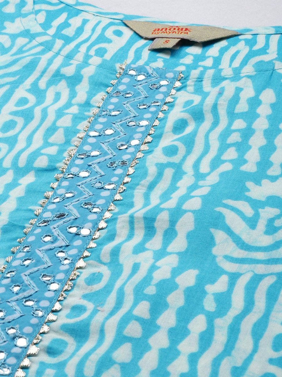 Anouk Blue & White Ethnic Motifs Print Mirror Work Cotton Straight Kurta Trousers Dupatta - Distacart