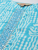 Thumbnail for Anouk Blue & White Ethnic Motifs Print Mirror Work Cotton Straight Kurta Trousers Dupatta - Distacart
