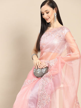 Anouk Pink Sequinned Organza Saree With Embroidered Border - Distacart