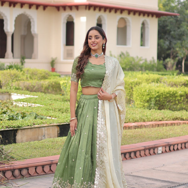 Lorenvalley Fashion Parrot Green Gold Crush with Sequins & Zari Embroidered Work Lehenga Choli with Dupatta - Distacart