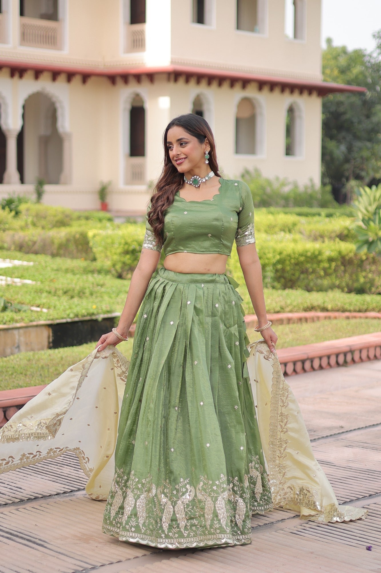 Lorenvalley Fashion Parrot Green Gold Crush with Sequins & Zari Embroidered Work Lehenga Choli with Dupatta - Distacart