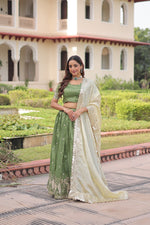 Thumbnail for Lorenvalley Fashion Parrot Green Gold Crush with Sequins & Zari Embroidered Work Lehenga Choli with Dupatta - Distacart