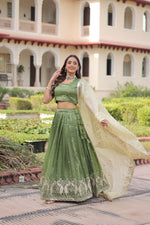Thumbnail for Lorenvalley Fashion Parrot Green Gold Crush with Sequins & Zari Embroidered Work Lehenga Choli with Dupatta - Distacart