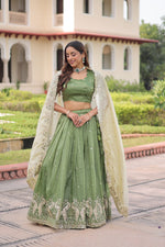 Thumbnail for Lorenvalley Fashion Parrot Green Gold Crush with Sequins & Zari Embroidered Work Lehenga Choli with Dupatta - Distacart