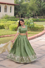 Thumbnail for Lorenvalley Fashion Parrot Green Gold Crush with Sequins & Zari Embroidered Work Lehenga Choli with Dupatta - Distacart