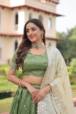 Thumbnail for Lorenvalley Fashion Parrot Green Gold Crush with Sequins & Zari Embroidered Work Lehenga Choli with Dupatta - Distacart