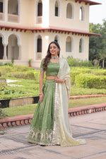 Thumbnail for Lorenvalley Fashion Parrot Green Gold Crush with Sequins & Zari Embroidered Work Lehenga Choli with Dupatta - Distacart