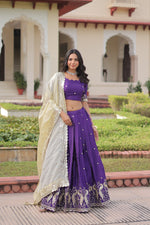 Thumbnail for Lorenvalley Fashion Purple Gold Crush with Sequins & Zari Embroidered Work Lehenga Choli with Dupatta - Distacart