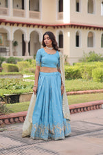 Thumbnail for Lorenvalley Fashion Skyblue Gold Crush with Sequins & Zari Embroidered Work Lehenga Choli with Dupatta - Distacart