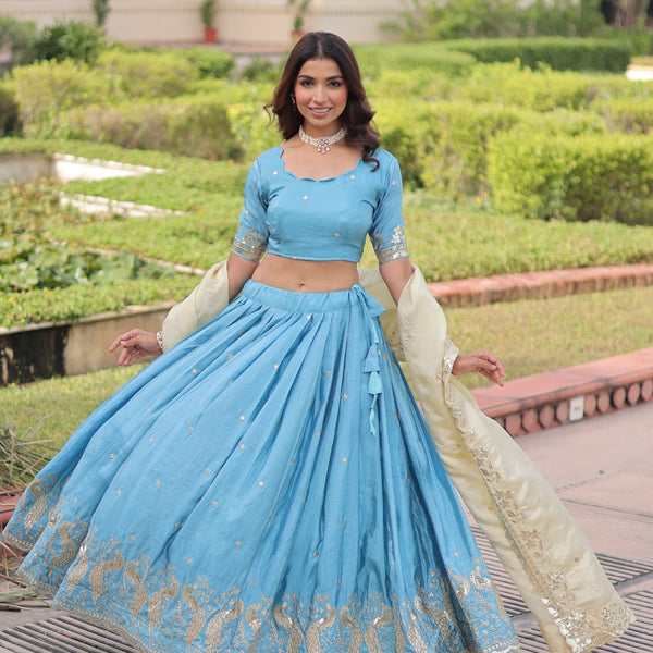Lorenvalley Fashion Skyblue Gold Crush with Sequins & Zari Embroidered Work Lehenga Choli with Dupatta - Distacart