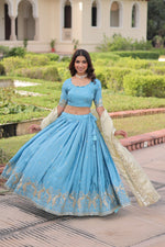 Thumbnail for Lorenvalley Fashion Skyblue Gold Crush with Sequins & Zari Embroidered Work Lehenga Choli with Dupatta - Distacart