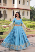Thumbnail for Lorenvalley Fashion Skyblue Gold Crush with Sequins & Zari Embroidered Work Lehenga Choli with Dupatta - Distacart