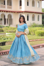 Thumbnail for Lorenvalley Fashion Skyblue Gold Crush with Sequins & Zari Embroidered Work Lehenga Choli with Dupatta - Distacart
