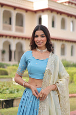 Thumbnail for Lorenvalley Fashion Skyblue Gold Crush with Sequins & Zari Embroidered Work Lehenga Choli with Dupatta - Distacart