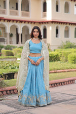 Thumbnail for Lorenvalley Fashion Skyblue Gold Crush with Sequins & Zari Embroidered Work Lehenga Choli with Dupatta - Distacart