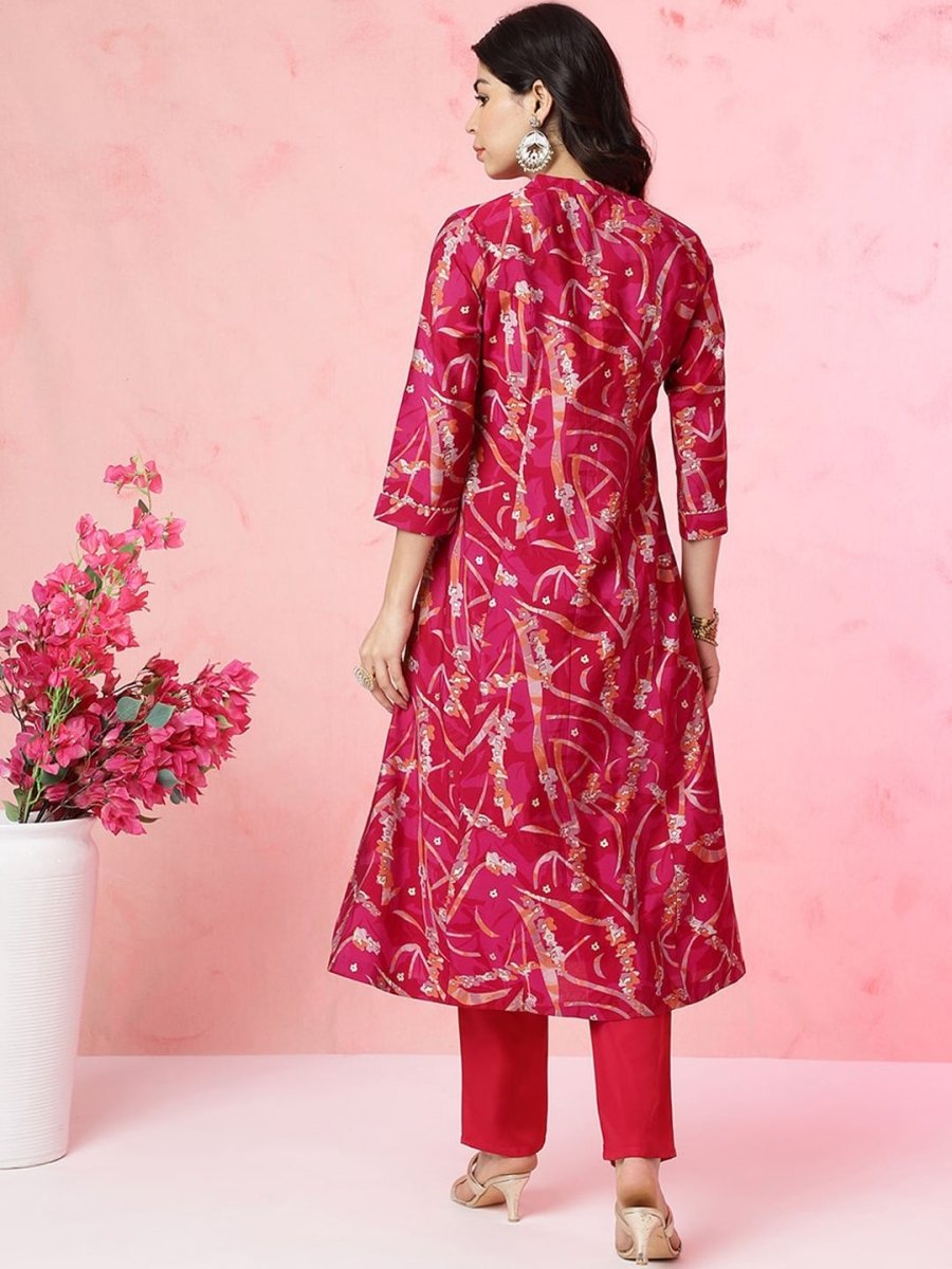 Anouk Fuchsia Abstract Printed Panelled Chanderi Silk Kurta with Trousers