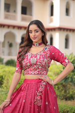Thumbnail for Lorenvalley Fashion Pink Gold Crush With Sequins Zari And Coding Embroidered Work Lehenga Choli With Dupatta - Distacart