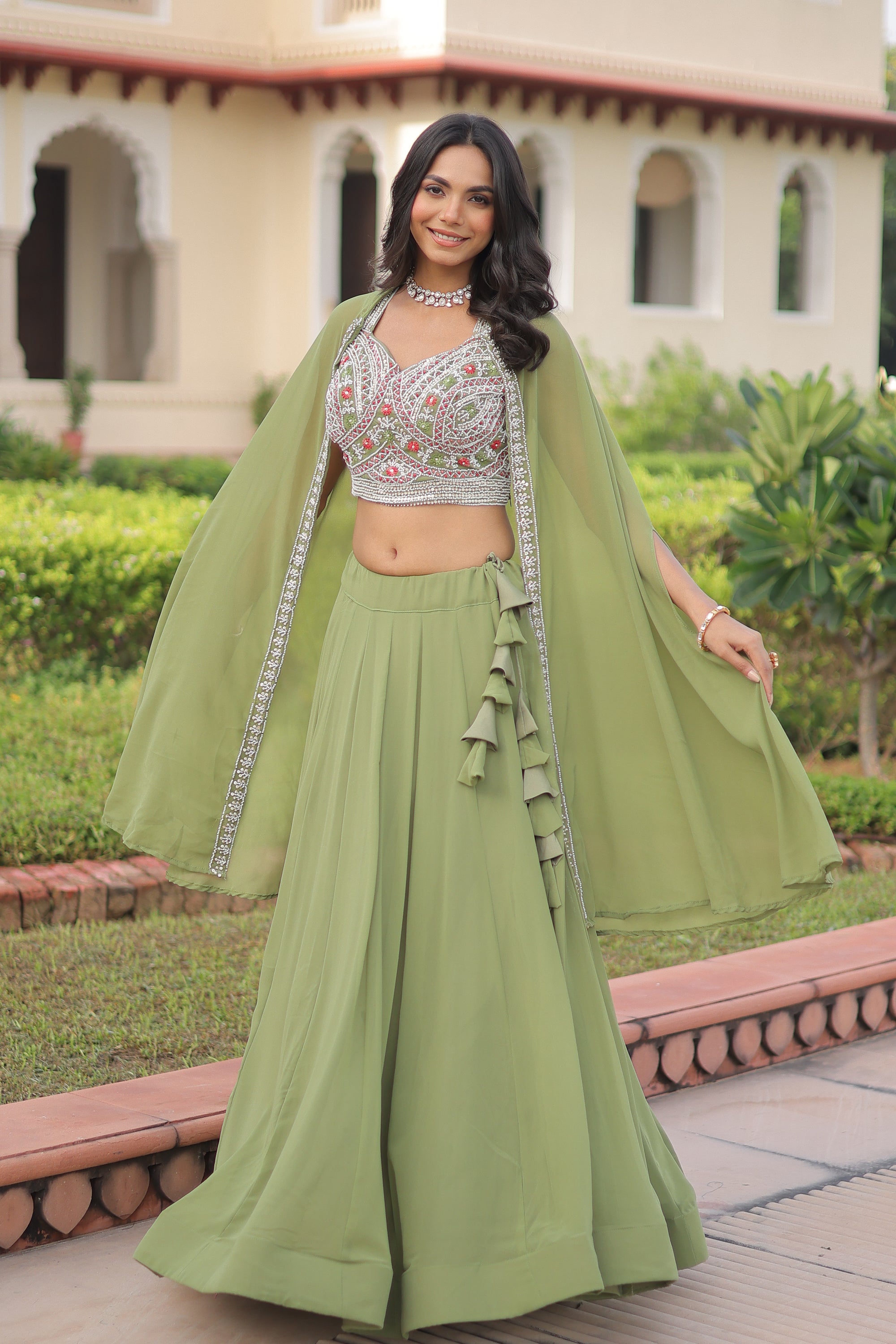 Lorenvalley Fashion Pista Faux Georgette Plain Lehenga Choli with Shrug