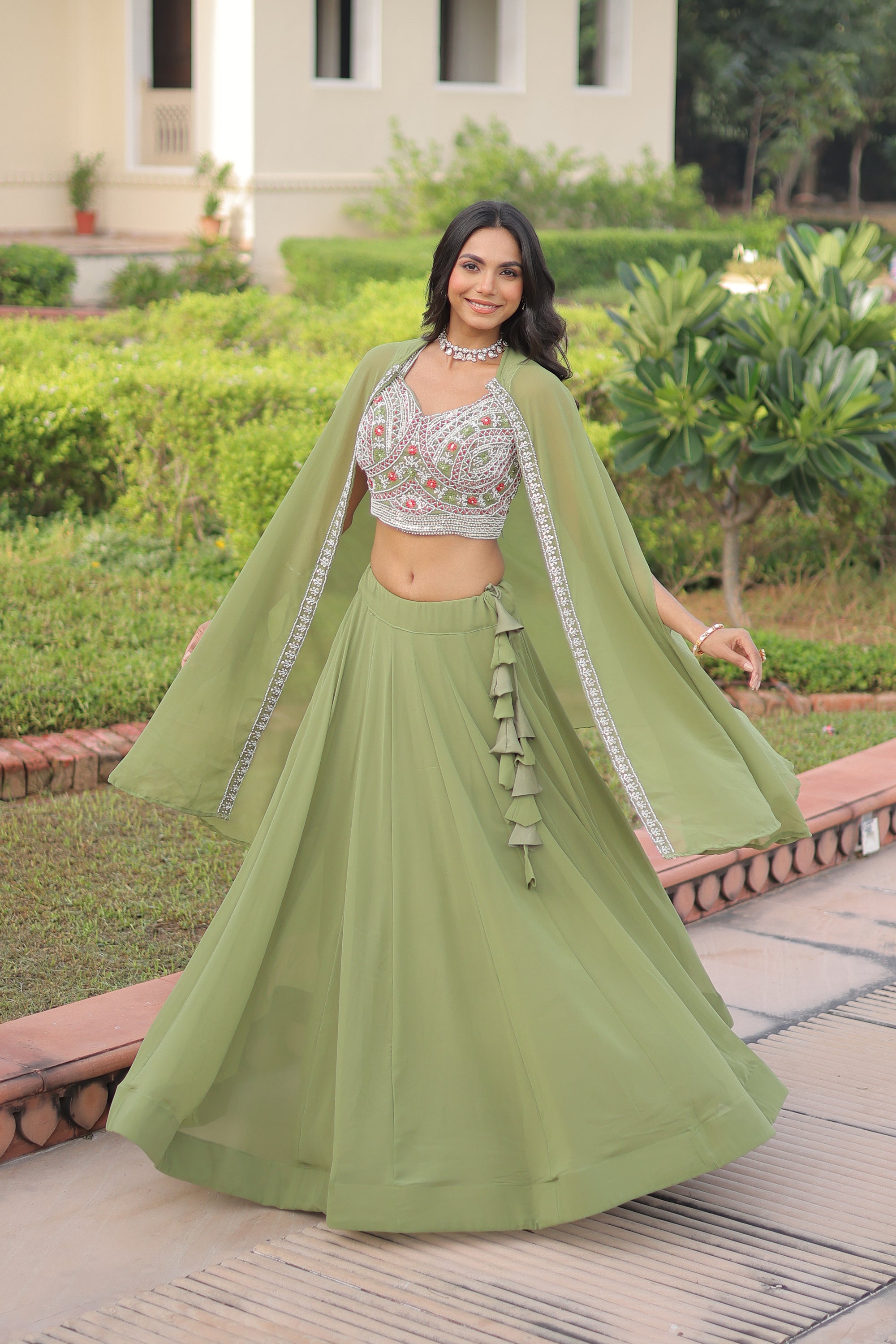 Lorenvalley Fashion Pista Faux Georgette Plain Lehenga Choli with Shrug - Distacart
