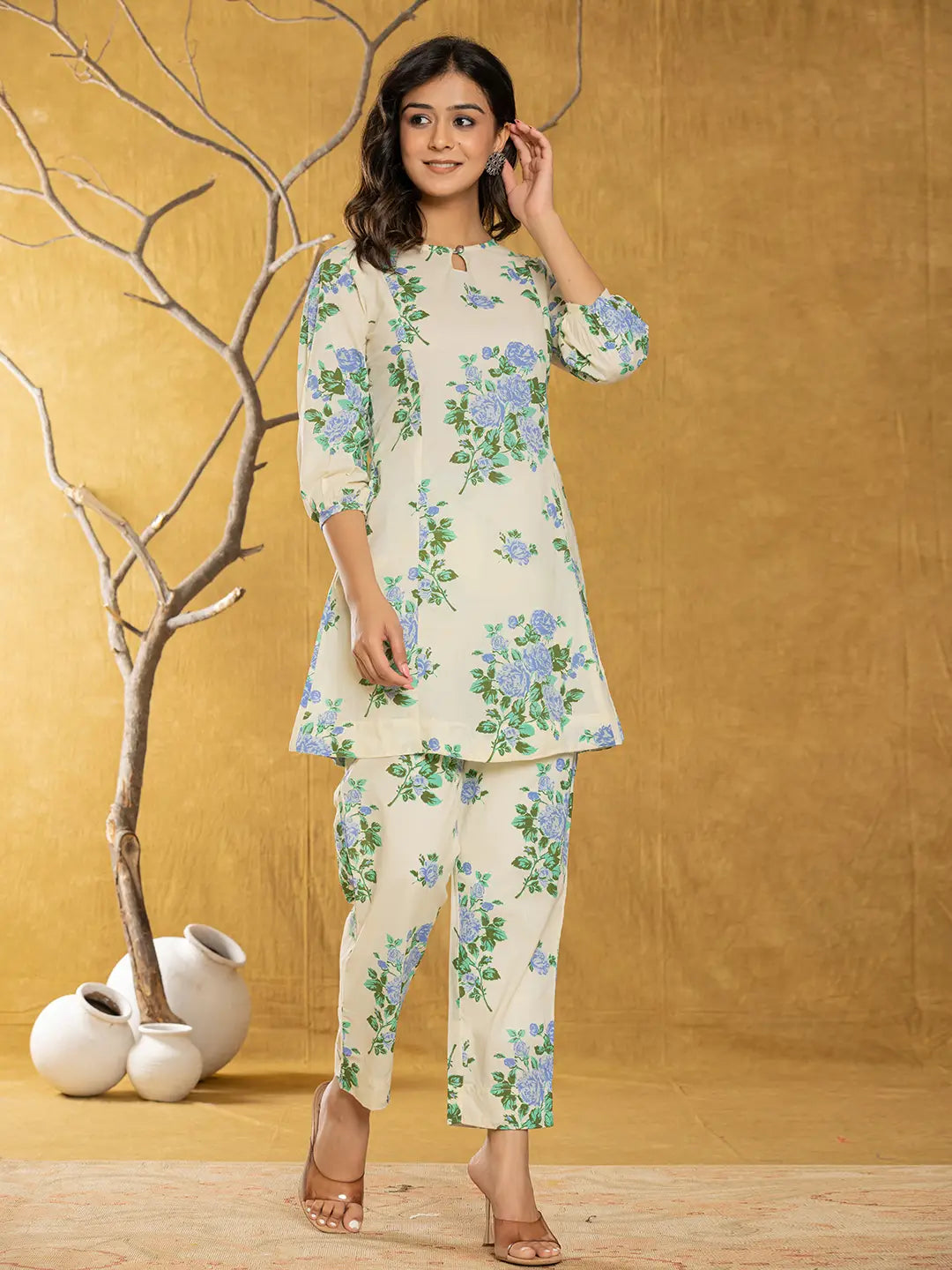 Yufta Cotton Blue Floral Print Co-Ord Set - Distacart